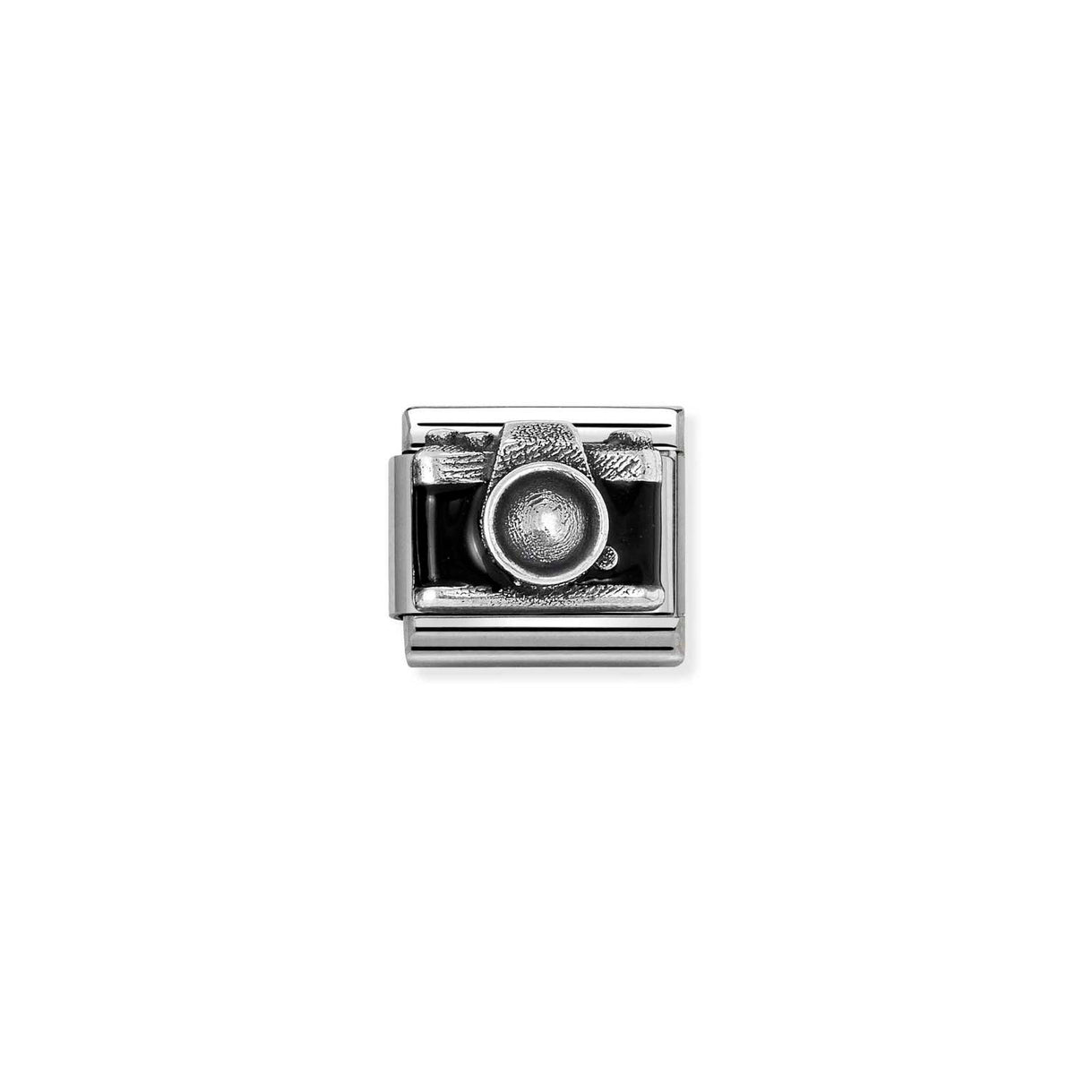 Link Nomination Composable Máquina Fotográfica Preta em aço, prata 925 e esmalte