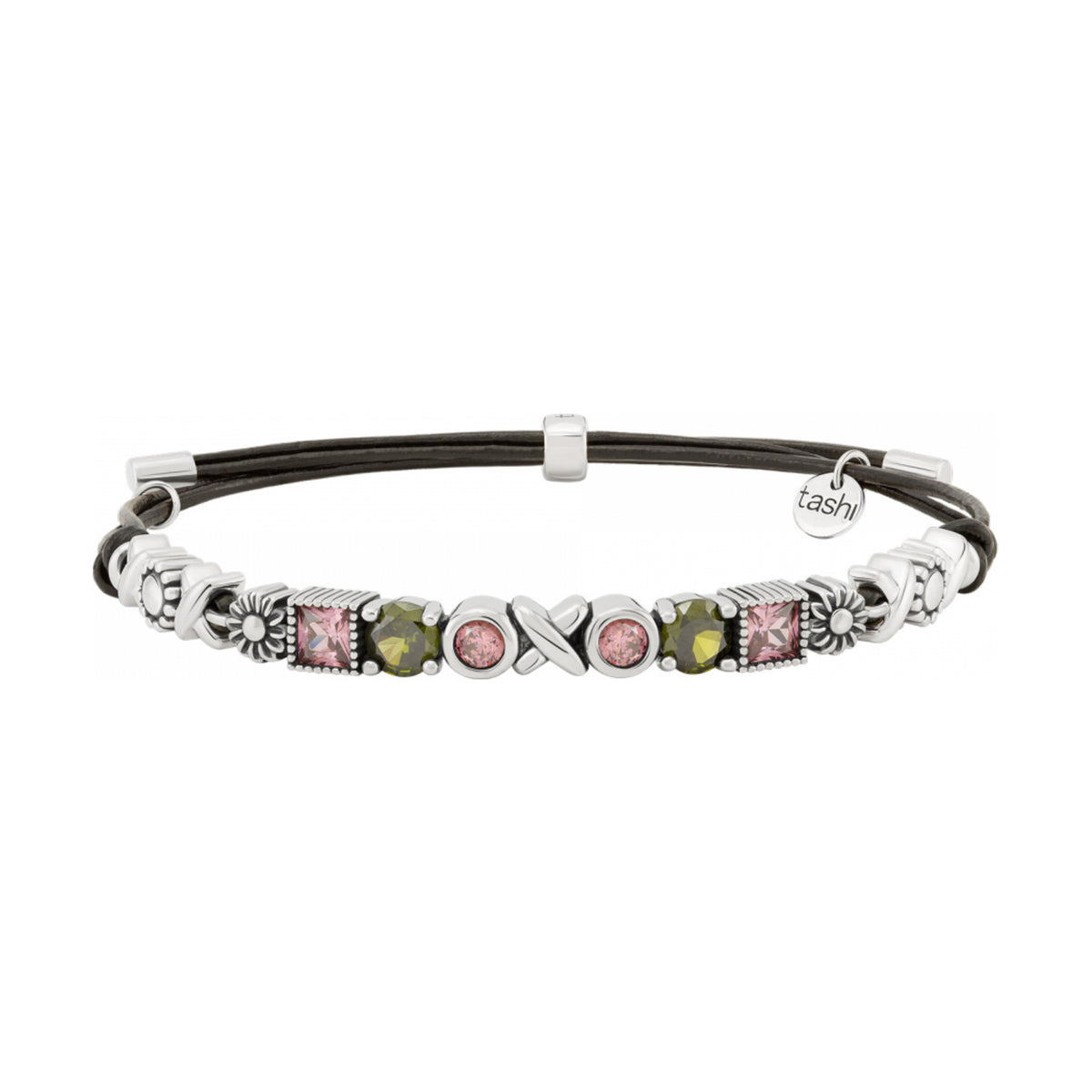 Pulseira Tashi Hawaii Verde & Rosa — prata 925; couro; zircónias