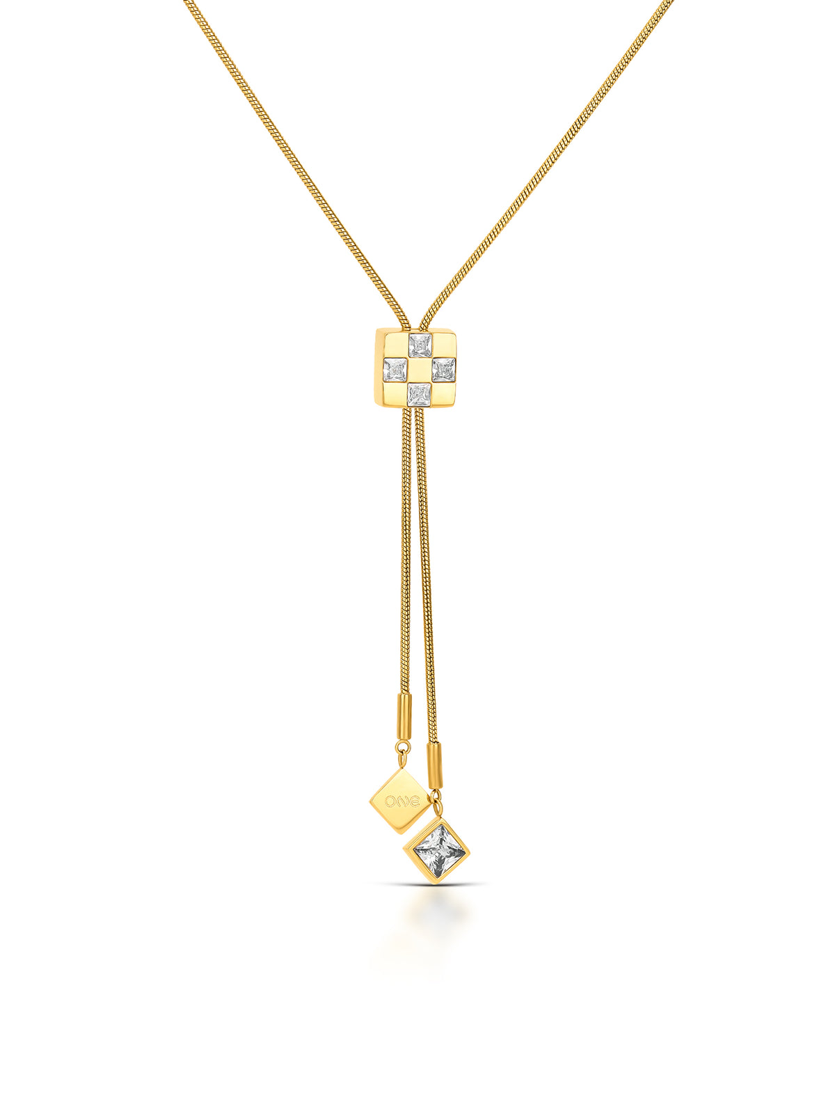 Colar ONE Chess Long dourado com zircónias