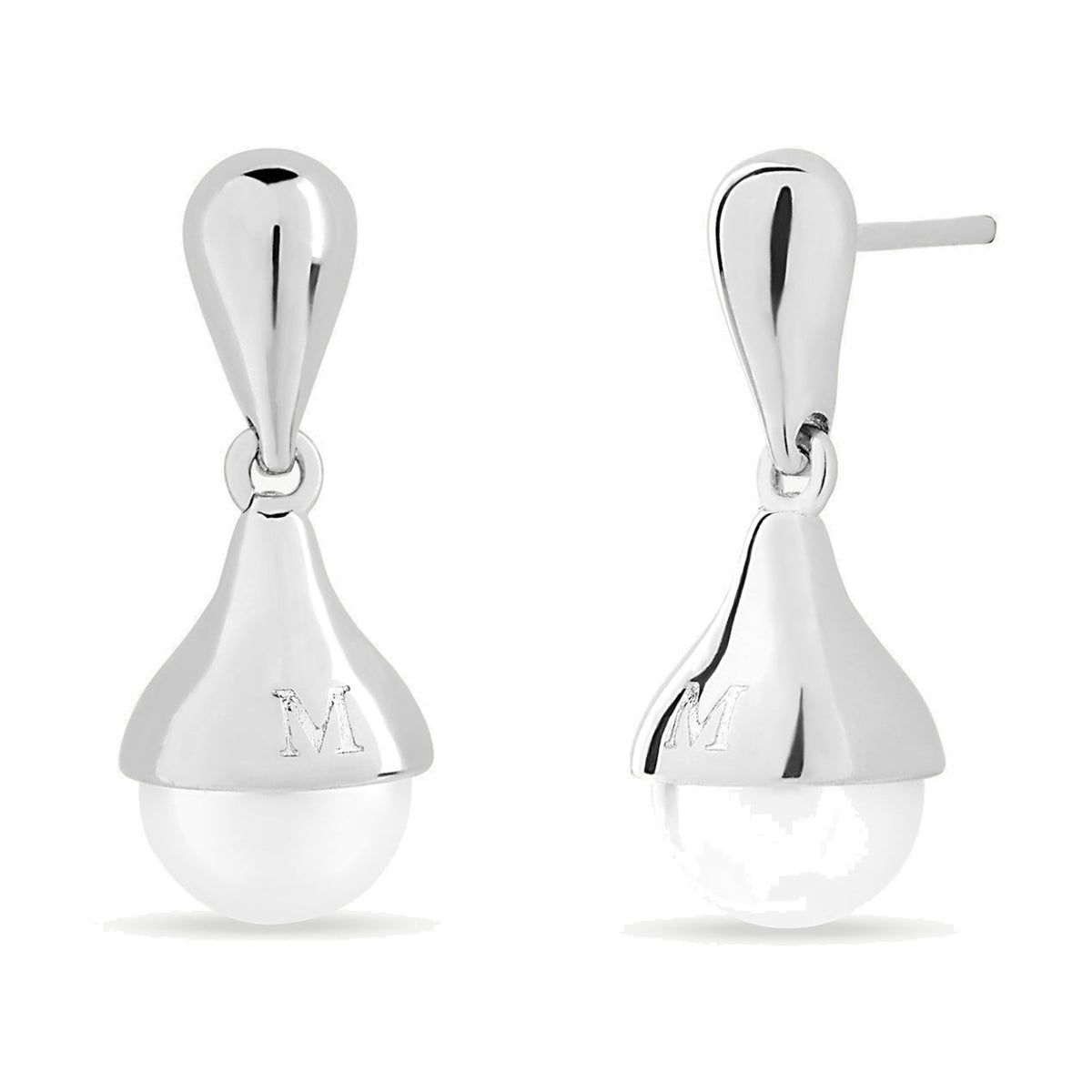 Brincos Majorica Drop prateados com pérolas brancas de 8 mm