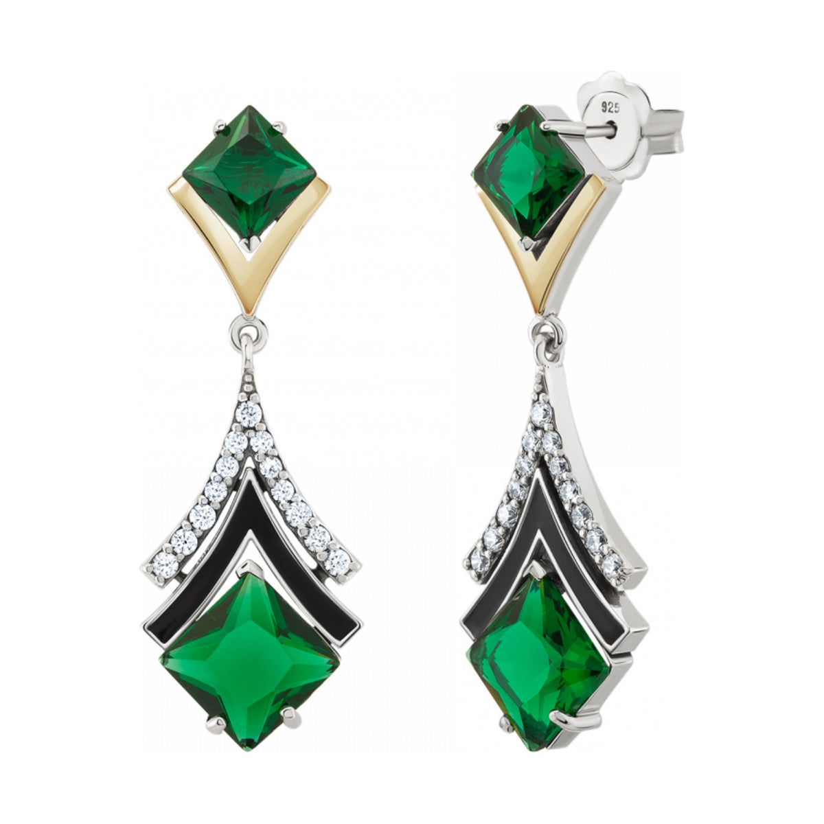Brincos Tashi Marrakech VI em prata 925 e ouro 9K com pedra verde e esmalte preto