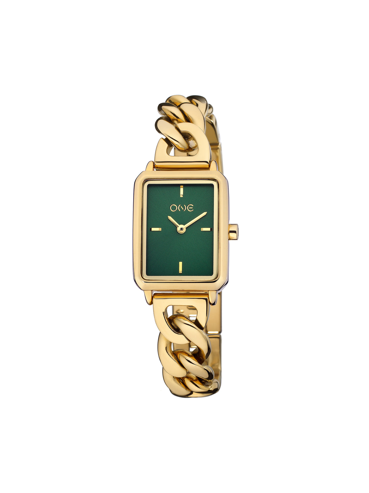 Relógio ONE Mini Dare Dourado Mostrador Verde, vista frontal; referência OL4223VG61L