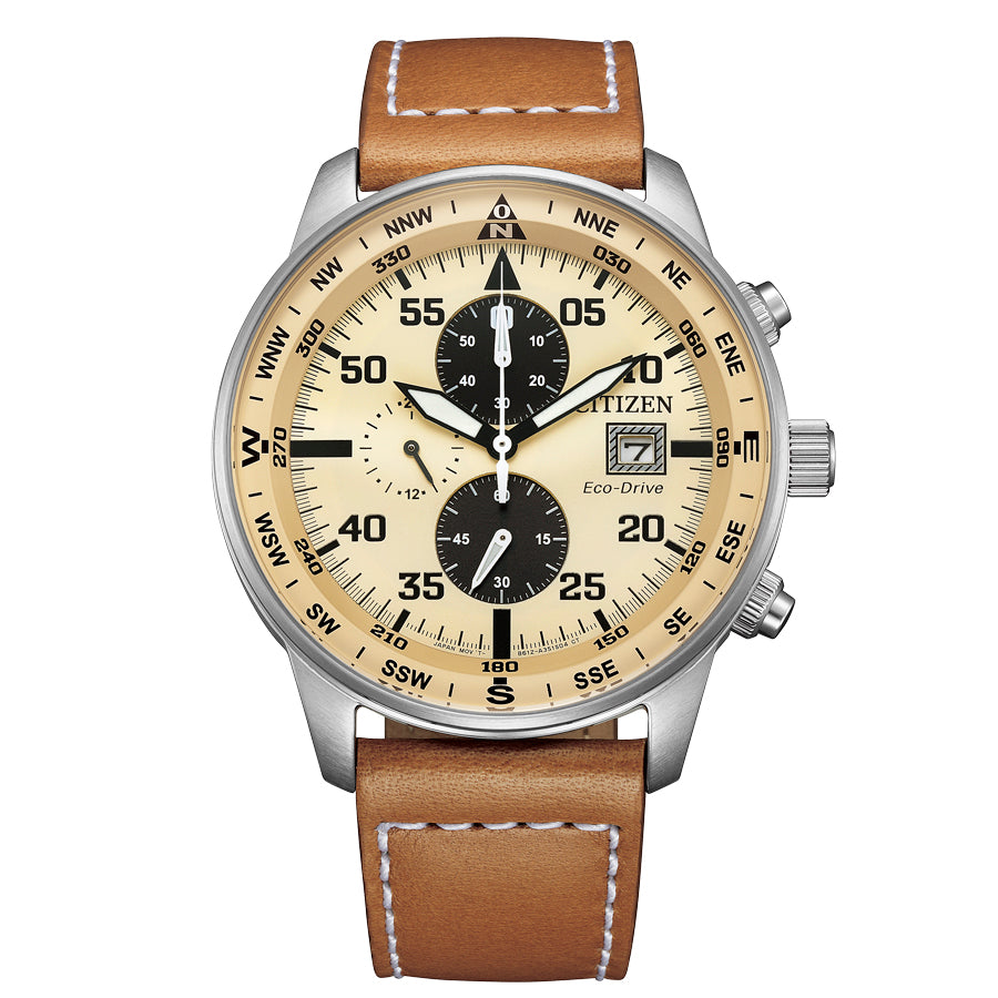 Relógio Citizen Eco-Drive Aviator Chrono Bege — CA0880-15X