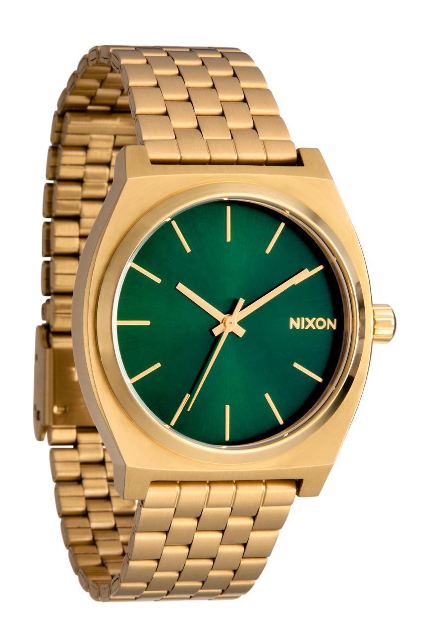 Relógio Nixon Time Teller dourado com mostrador verde, vista lateral