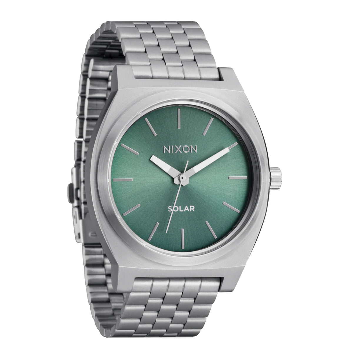 Relógio Nixon Time Teller Solar prateado com mostrador jade, vista lateral