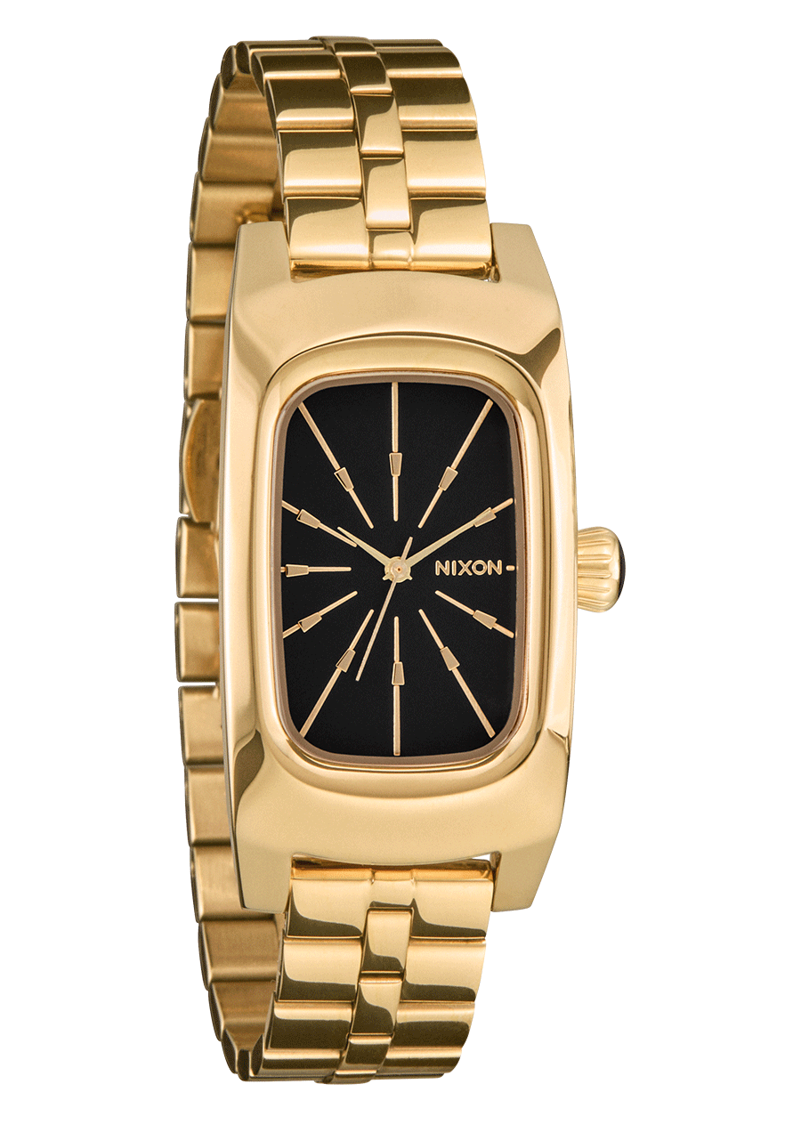Relógio Nixon Frankie Mid Century dourado e preto, vista lateral