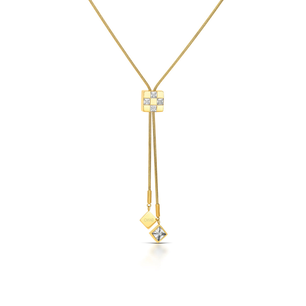 Colar ONE Chess Long dourado com zircónias