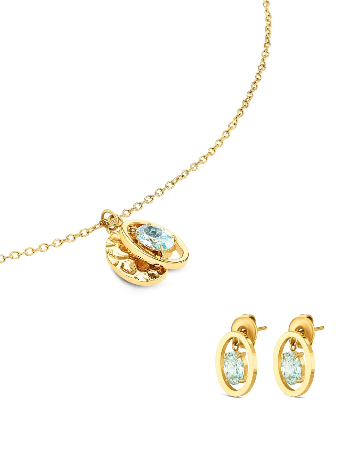 Set Colar e Brincos ONE Birthstone Março — vista frontal do conjunto (OJSET24G03)