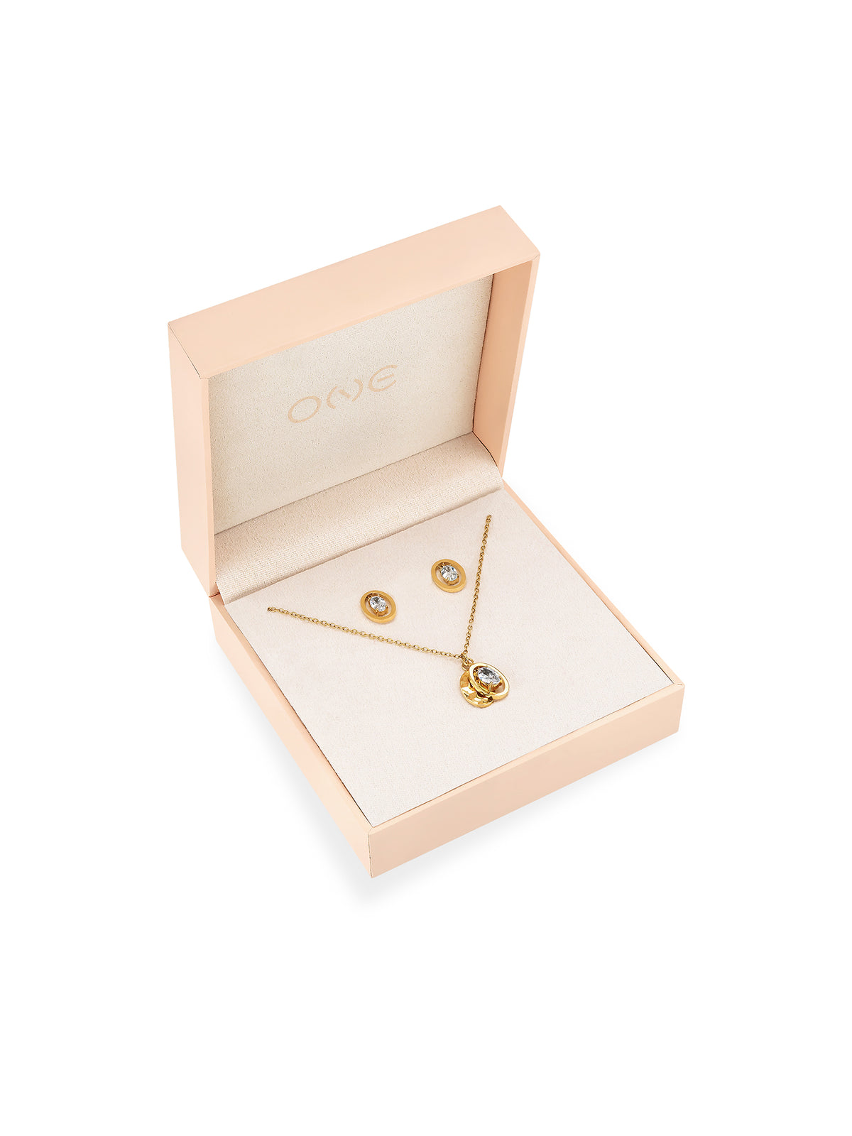 Set de colar e brincos ONE Birthstone Abril em aço dourado com zircónias brancas