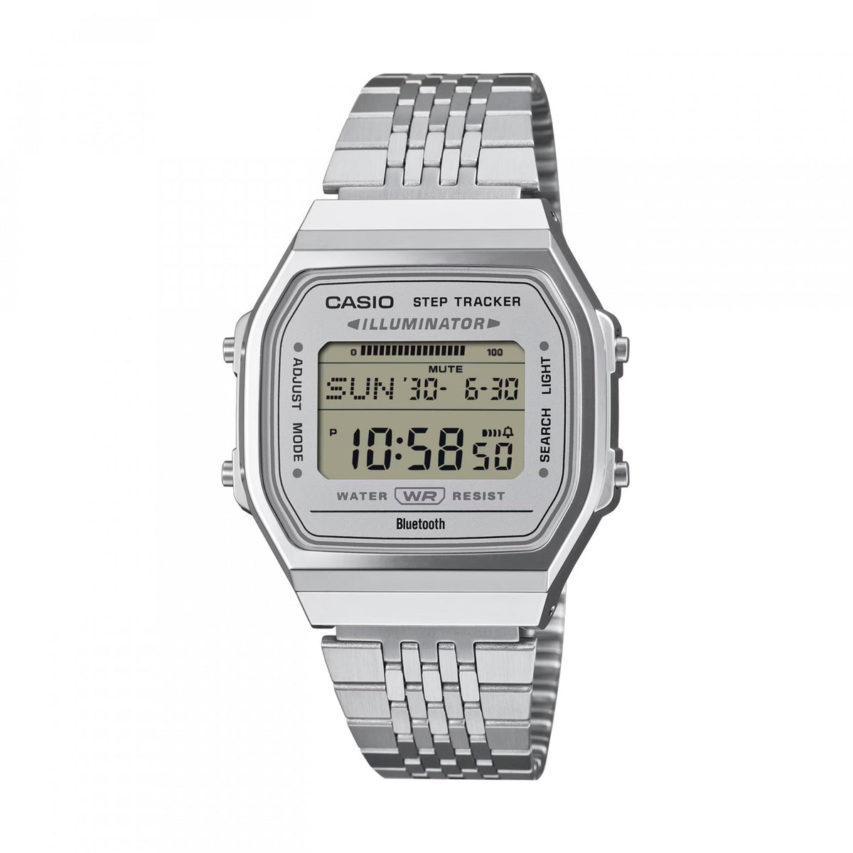 Relógio Casio Vintage ABL-100WE-7AEF prateado, mostrador digital cinzento e bracelete em aço — vista frontal