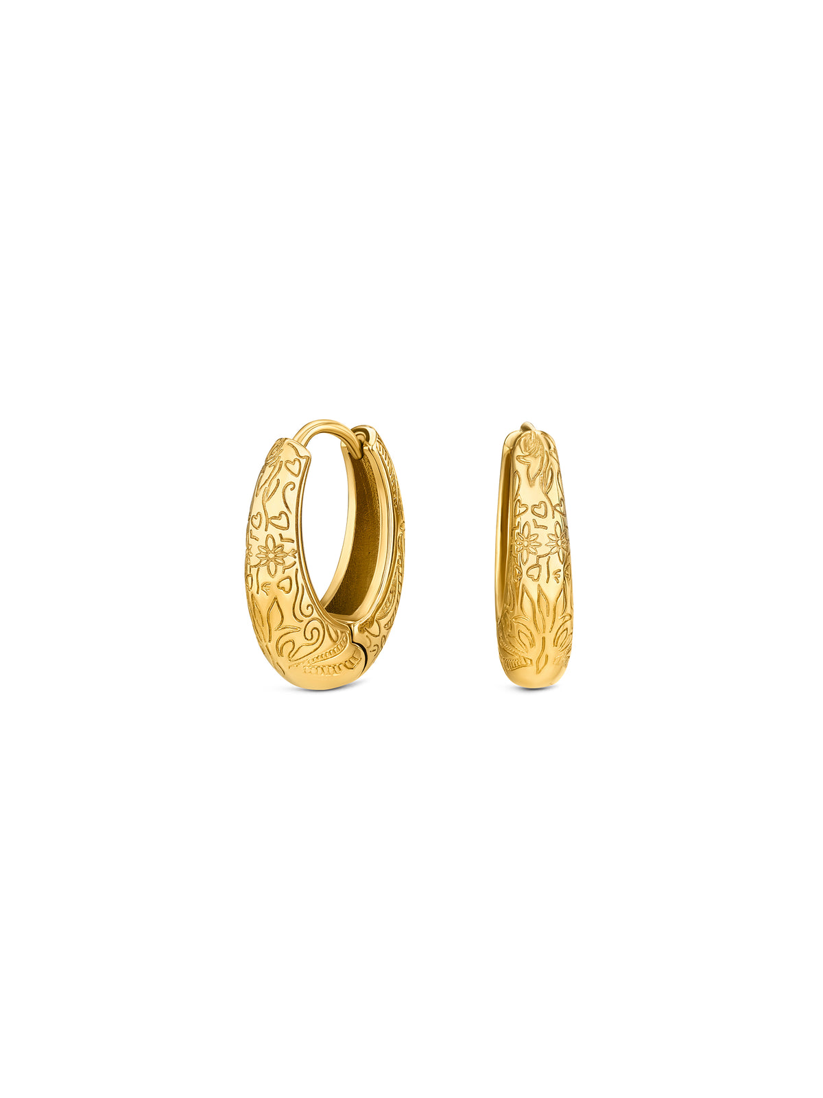 Brincos ONE Alma Classic Hoop dourados gravados