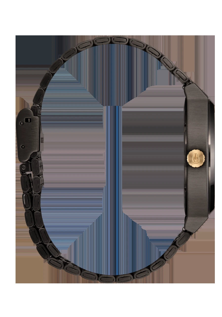 Relógio Nixon Time Teller Gunmetal, Amora e Dourado A045-5270 — vista lateral da caixa e bracelete