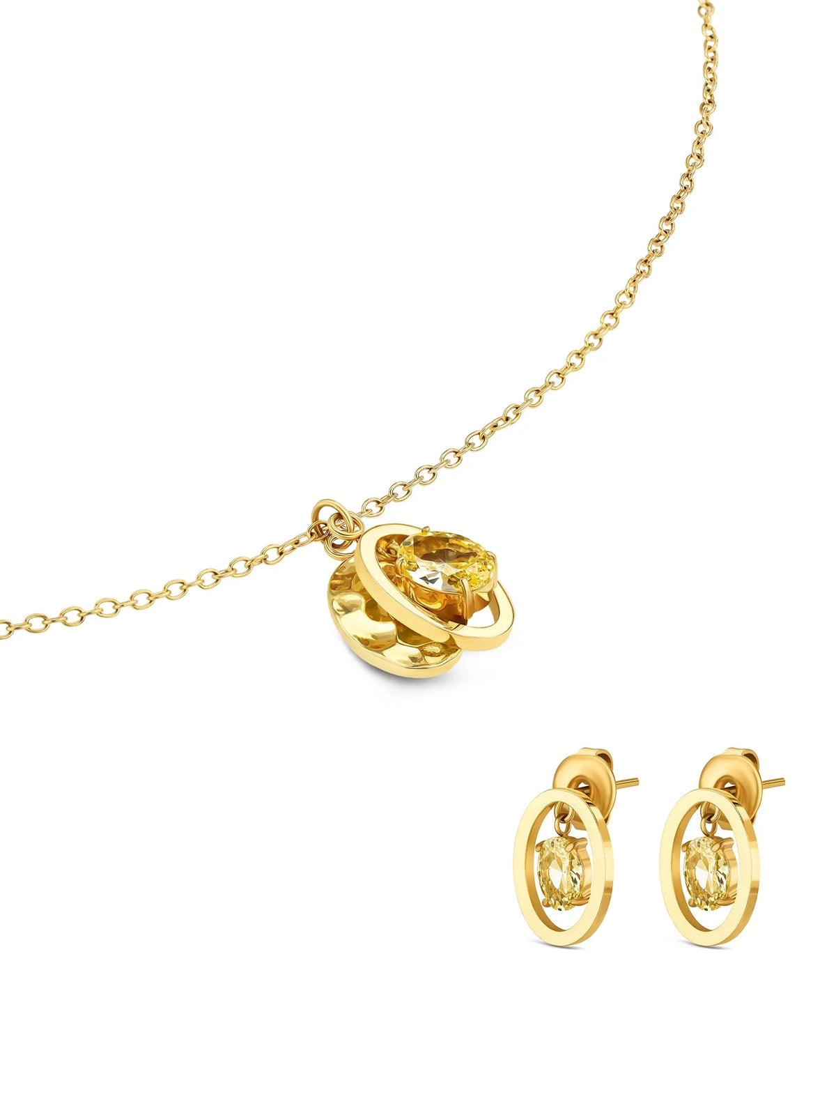 Colar e brincos ONE Birthstone Outubro com zircónias de tom champanhe, vista do conjunto