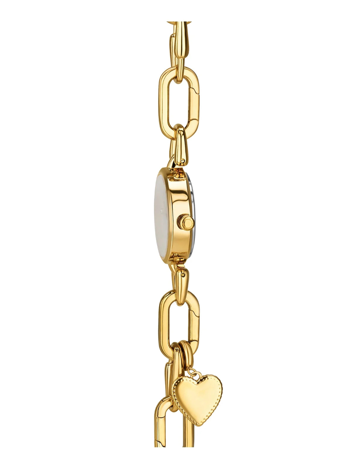 Relógio ONE Links Dourado, detalhe lateral da bracelete e charm de coração